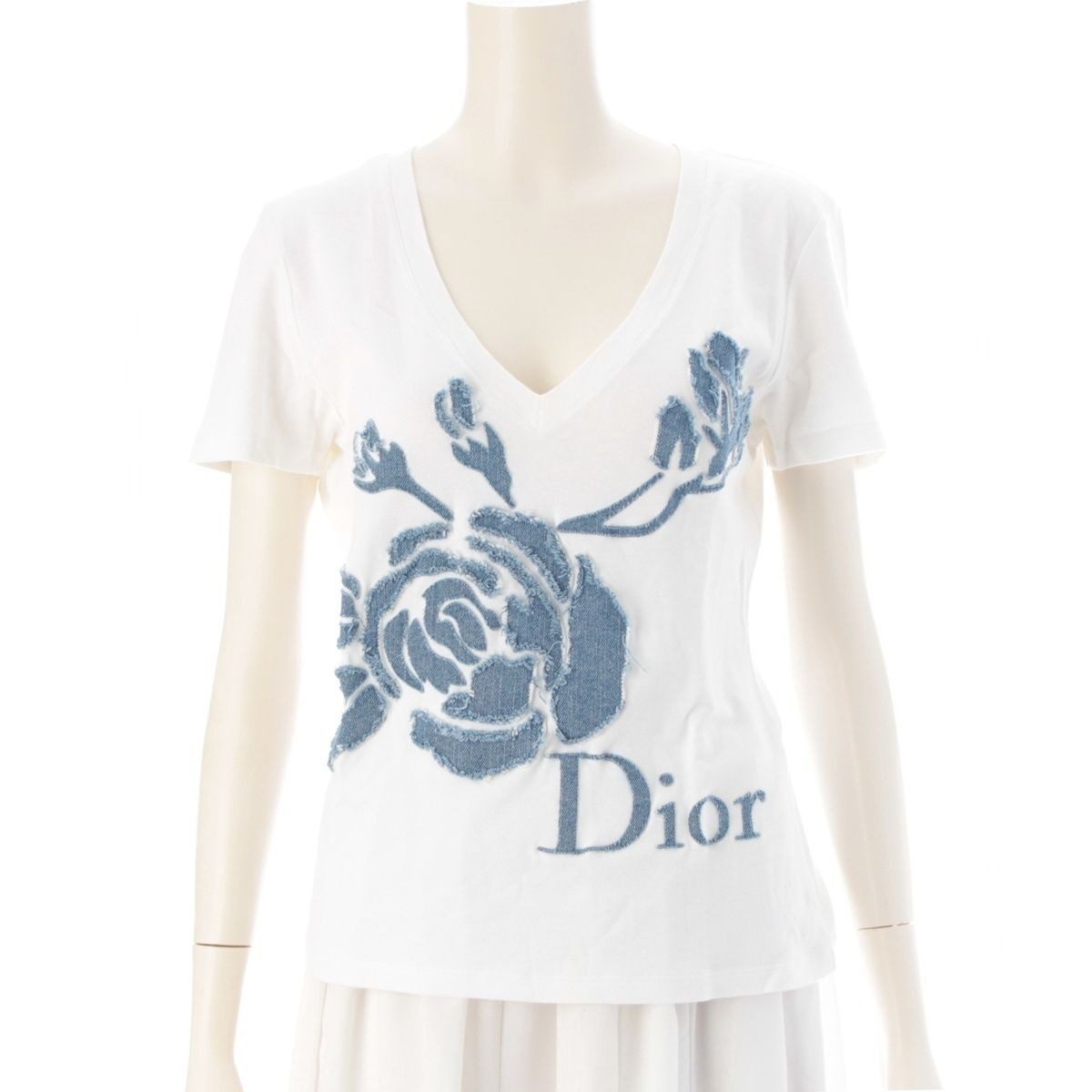 Dior Cotton Galliano Era Denim Rose Logo Patchwork Short Sleeve T-Shirt White 44