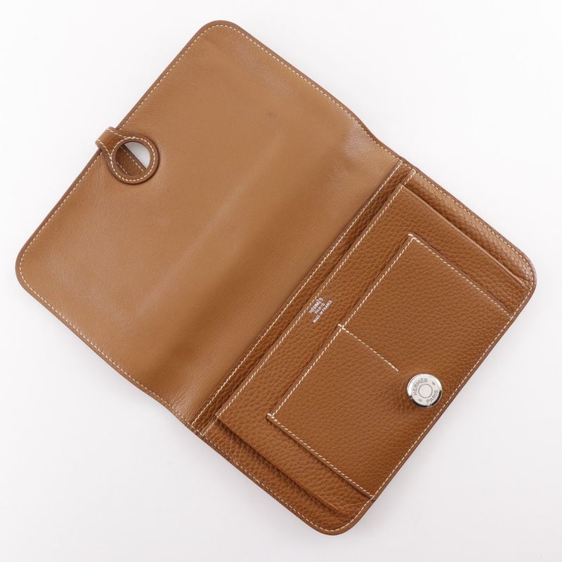 Hermes Dogon GM Taurillon Clemence Gold Brown □J Unisex Long Wallet