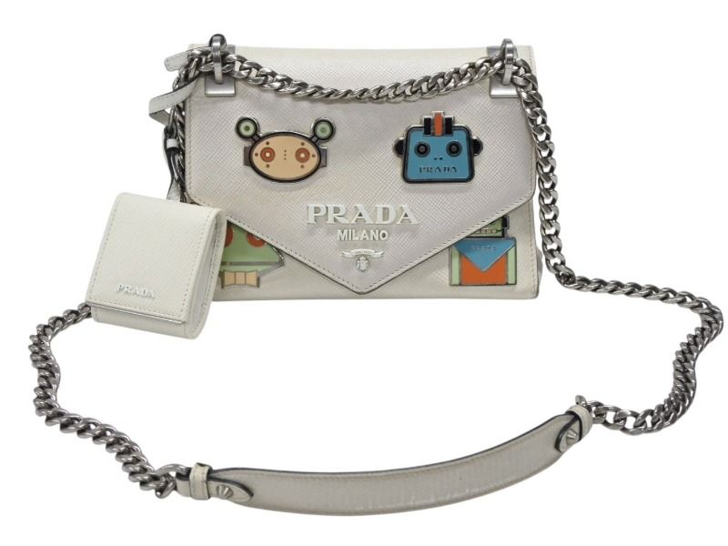 Prada Robot Monochrome Chain Shoulder Bag Saffiano Leather Ivory Silver