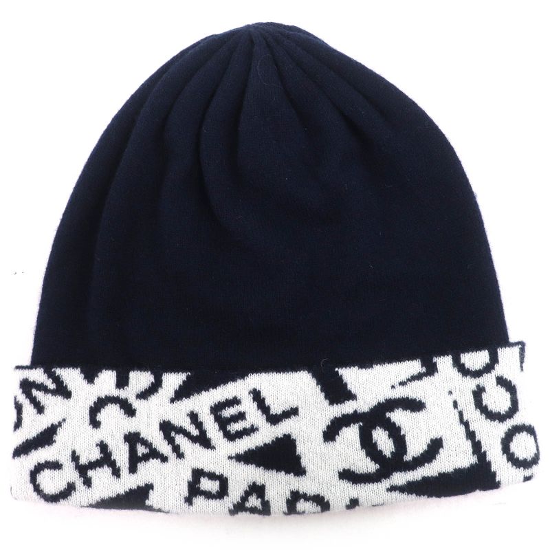CHANEL Cashmere Cotton Coco-mark Logo Knit Hat Knit Cap Navy White Made In