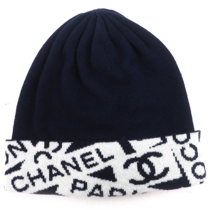 CHANEL Cashmere Cotton Coco-mark Logo Knit Hat Knit Cap Navy White Made In