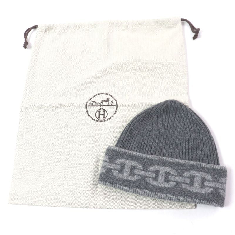 Hermes Chaine D'ancre 99% Cashmere Hat Knit Cap Gray M Storage With Bag Made