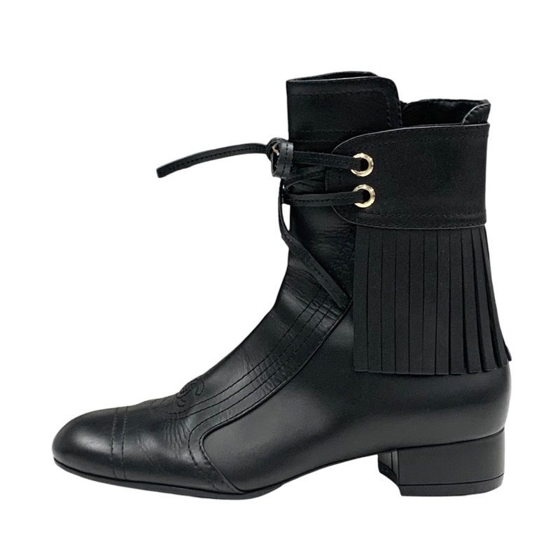 Chanel Boots Short Boots Shoes Leather Black Here Mark Fringe