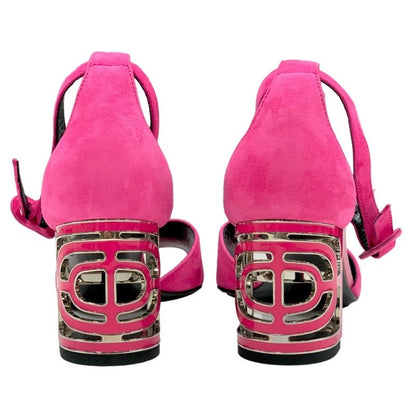 Hermes Sandals Shoes Suede Pink Silver Unused Metal Heel Ankle Strap