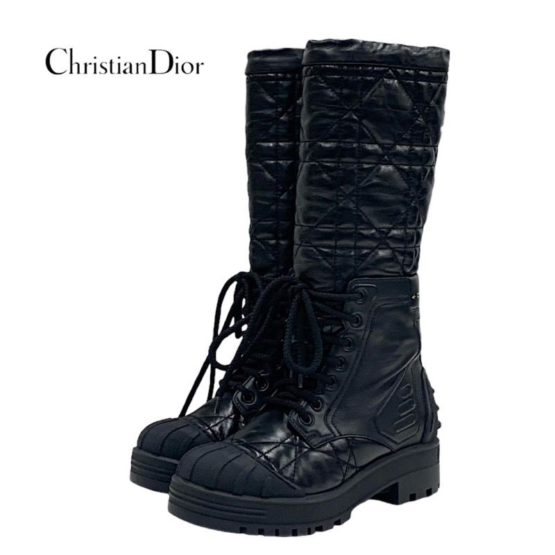Christian Dioriron Boots Long Boots Middle Boots Quilted Lace-up Leather Black