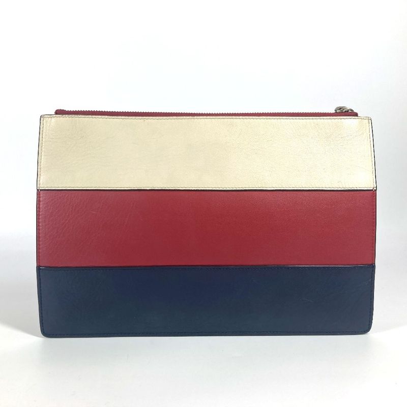 Gucci Clutch Bag BEE Striped Pearl Rhinestone 476077 Leather Red