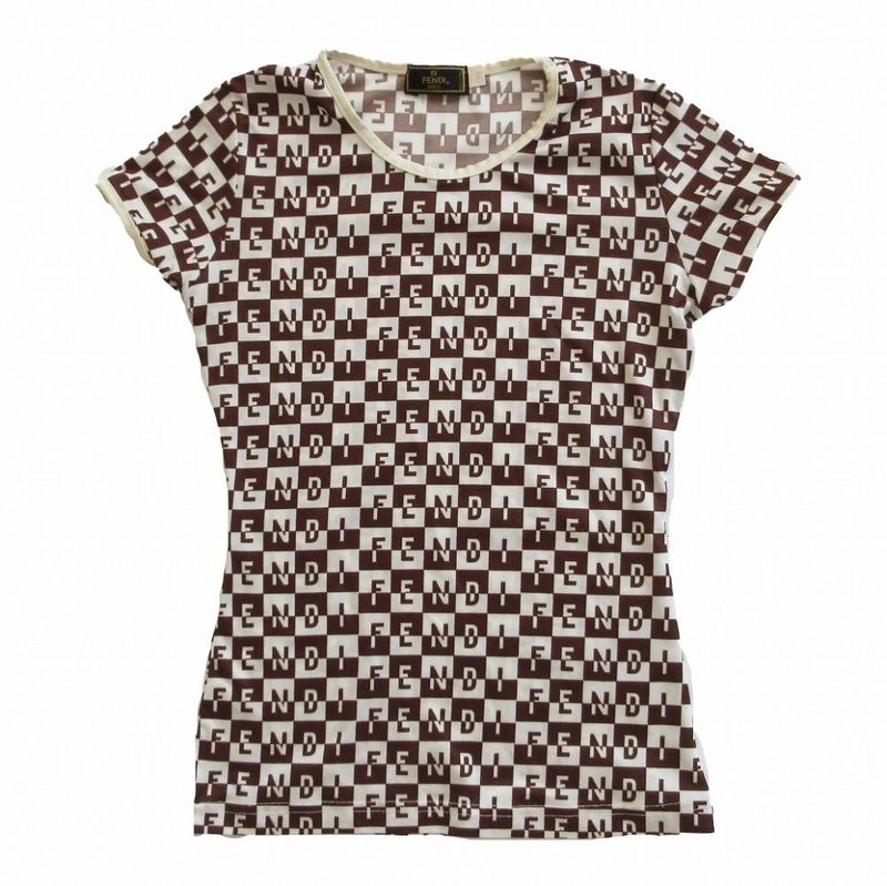 Fendi Logo Allover Checkered Stretch T-Shirt Short Sleeves Brown Size M Women's