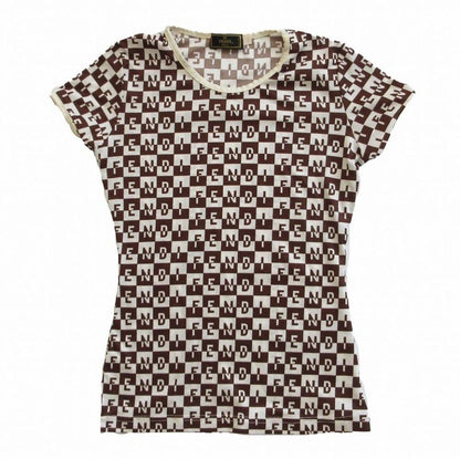 Fendi Logo Allover Checkered Stretch T-Shirt Short Sleeves Brown Size M Women's
