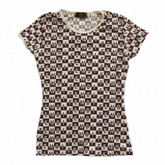 Fendi Logo Allover Checkered Stretch T-Shirt Short Sleeves Brown Size M Women's