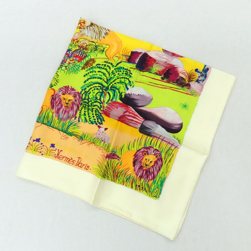 Hermes Carre 90 NUBA Mountain Scarf Silk White Multicolor Animal
