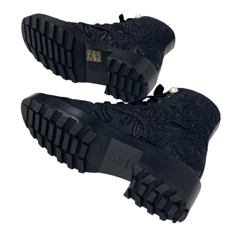 Chanel Boots Short Boots Shoes Fabric Black Here Mark Lace Up Pearl