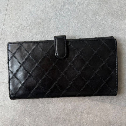 Chanel Bicolore Coco Mark Bifold Long Wallet W Hook Leather Quilted Black Long
