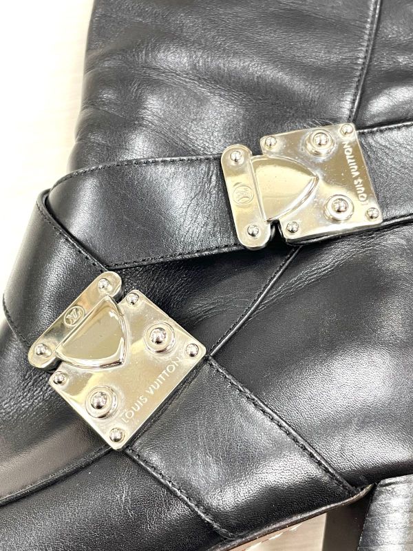 Louis Vuitton Leather Cross Belt Heel Long Boots Women's 34 1 2 El0503 Black
