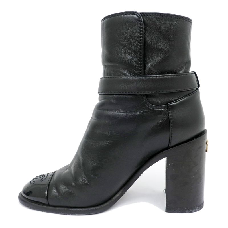 Chanel Ankle Boots 34 1 2C Black G38064 Leather Patent CC Mark Shoes
