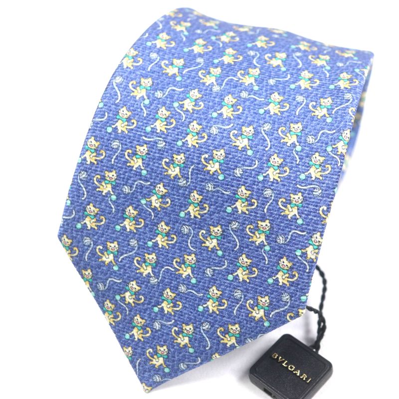  Bvlgari 100% Silk All-over Cat Wool Ball Tie Blue With Box Made In Italy