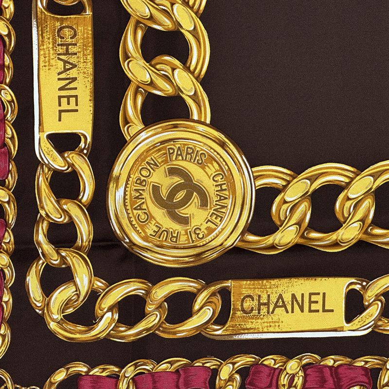 Chanel Scarf Women's Brand Cambon Coco Mark Silk Brown Yellow Chain Gold Dark