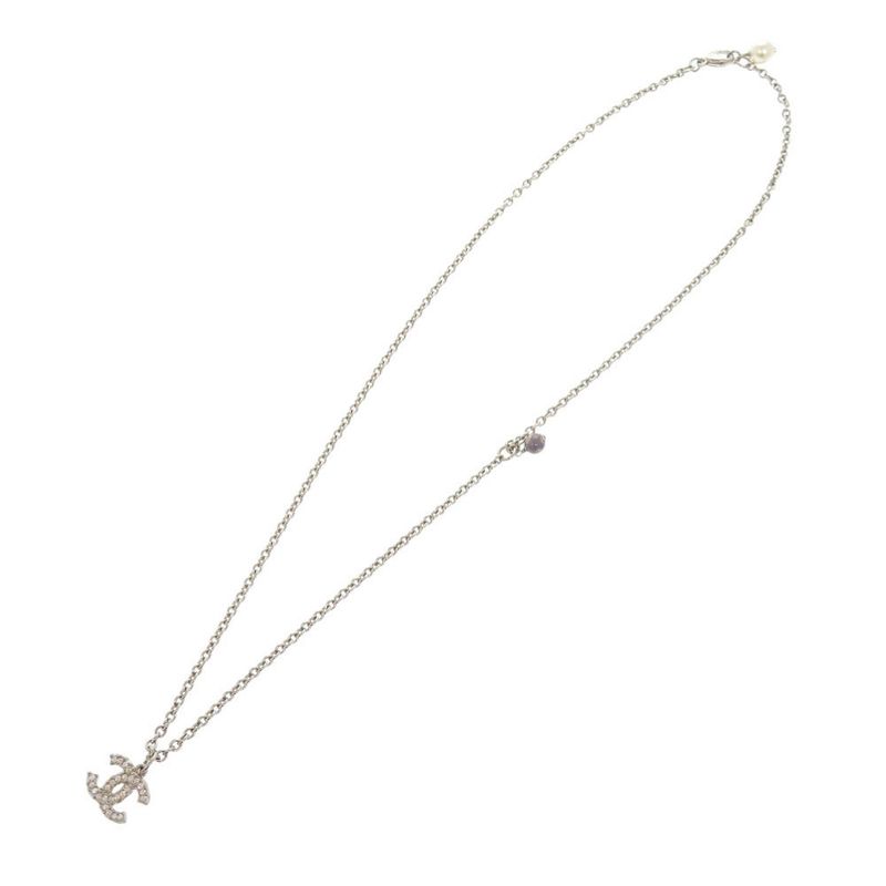 Chanel Coco Mark Metal Rhinestone Faux Pearl Silver Necklace 0470 Chanel