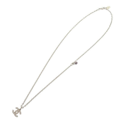 Chanel Coco Mark Metal Rhinestone Faux Pearl Silver Necklace 0470 Chanel