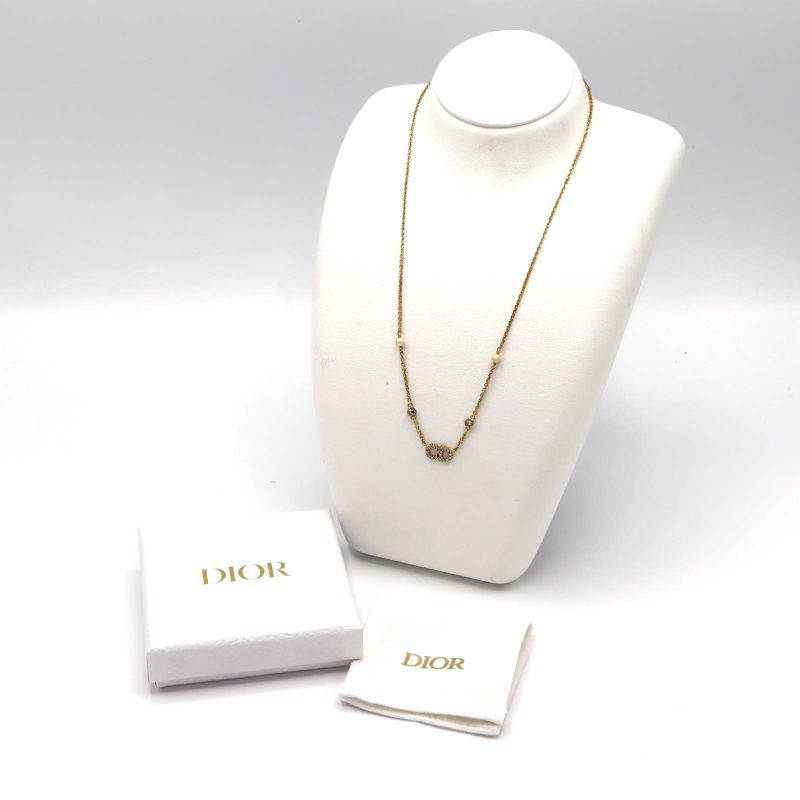 Christian DIOR Necklace CD Logo Faux Pearl Approx 4.3g Gold Color Accessory
