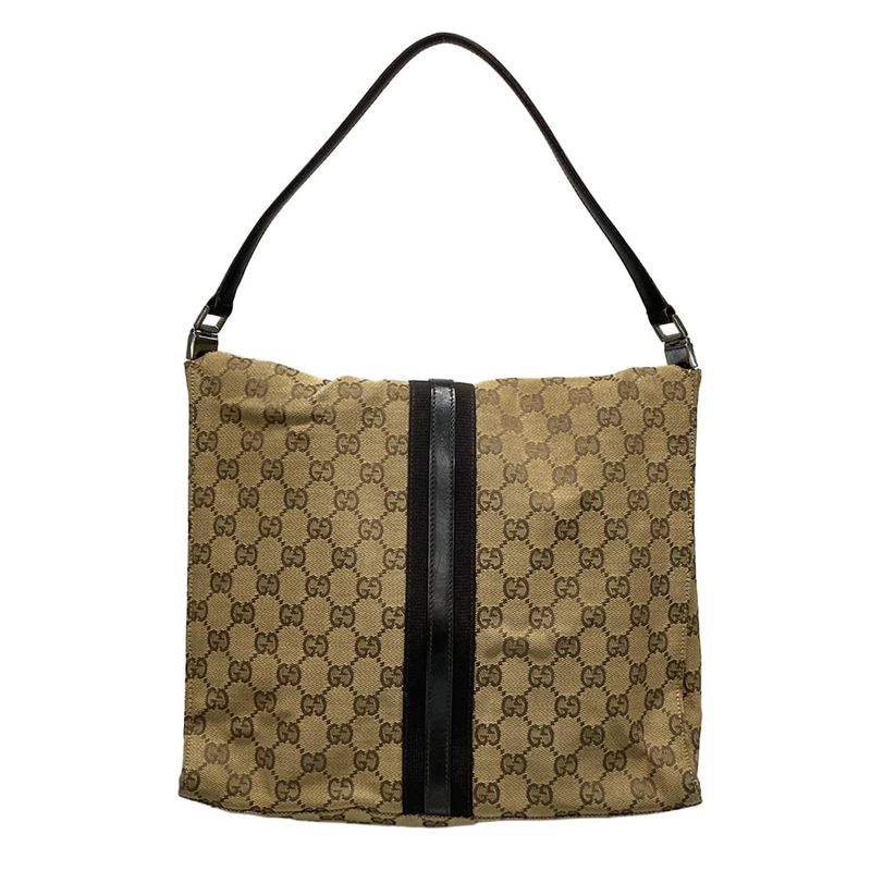 Gucci Handbag Jackie/gg Pattern 13355 Dark Brown And Beige Leather