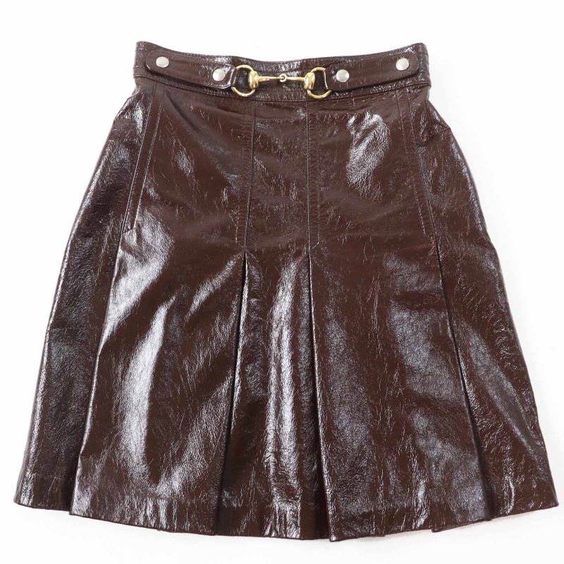 Gucci 410797 Lamb Leather 100% Silk Lining Horsebit Skirt Brown Gold Hardware