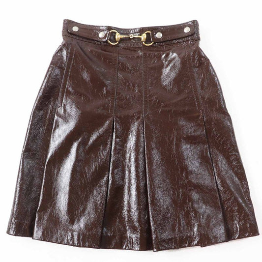 Gucci 410797 Lamb Leather 100% Silk Lining Horsebit Skirt Brown Gold Hardware