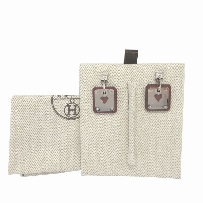 Hermes Asdecourt Z Engraved (2021) Heart Leather Metal Brown Silver Earrings