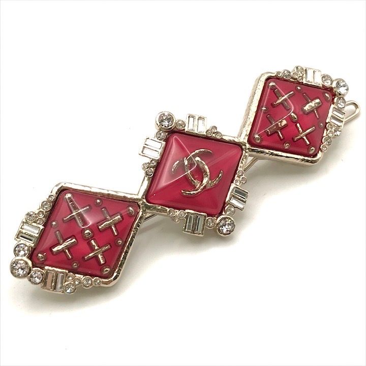 Chanel CC Logo Stone Cross Diamond Hair Clip Barrette Pink
