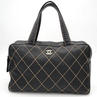 CHANEL CC Wild Stitch Vintage Quilted Bowler Hand Bag Tote Lambskin