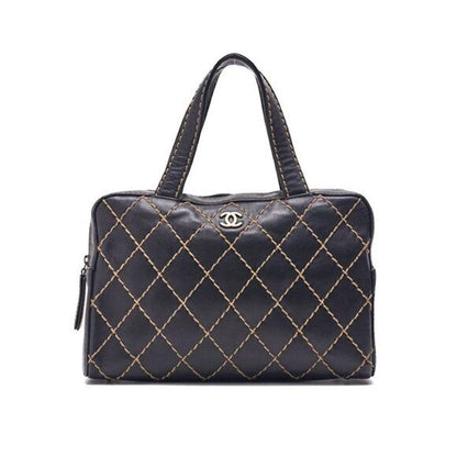 CHANEL CC Wild Stitch Vintage Quilted Bowler Hand Bag Tote Lambskin