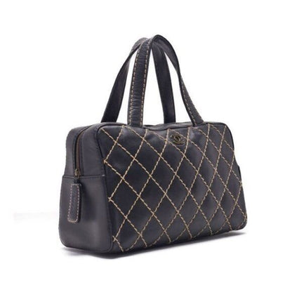 CHANEL CC Wild Stitch Vintage Quilted Bowler Hand Bag Tote Lambskin