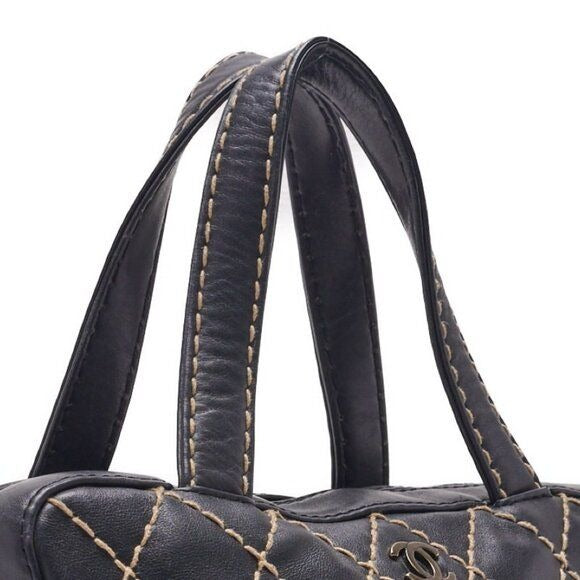 CHANEL CC Wild Stitch Vintage Quilted Bowler Hand Bag Tote Lambskin