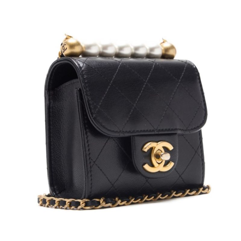 Chanel Mini Matelasse Pearl Chain Shoulder Lambskin Black With Gold Hardware
