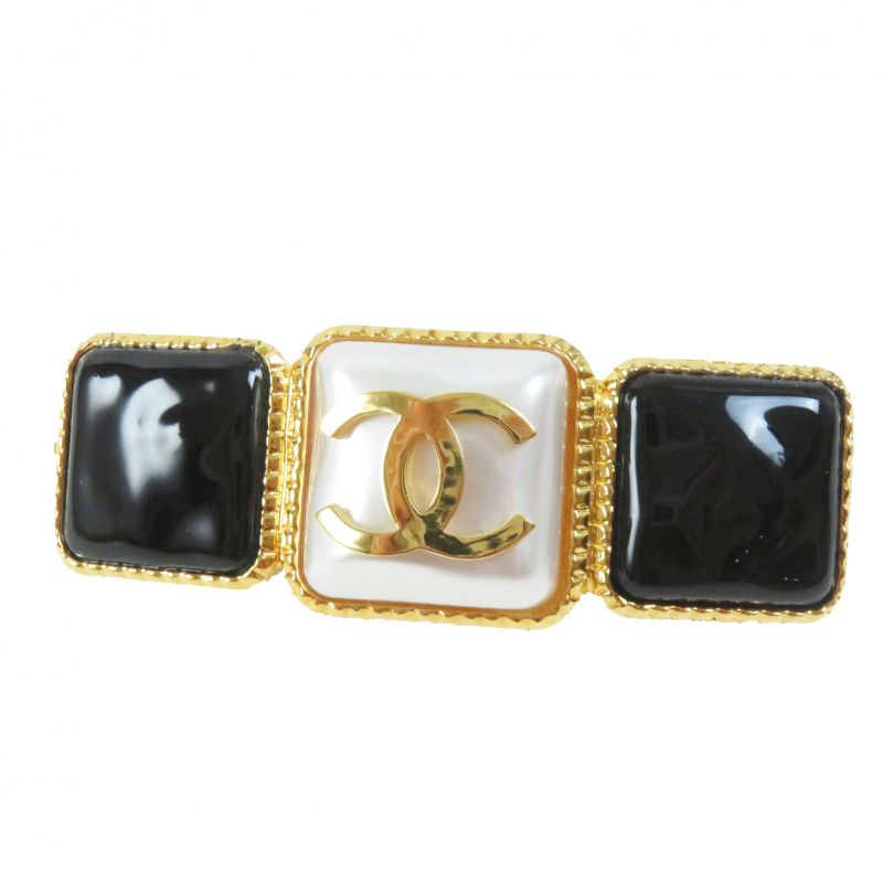 CHANEL B20K Coco Mark Hair Accessory Barrette Black Gold With Box Made In Italy