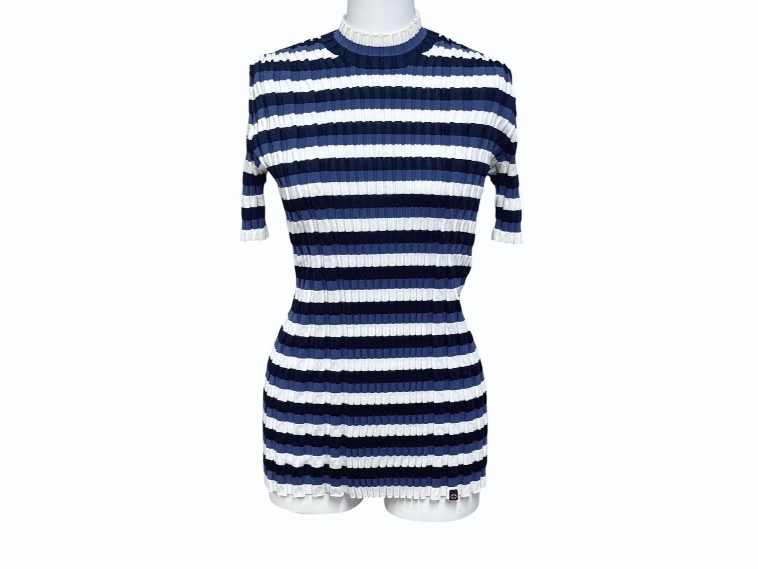 Louis Vuitton Border Rib Knit Short Sleeve Top Blue White Sweater