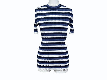 Louis Vuitton Border Rib Knit Short Sleeve Top Blue White Sweater