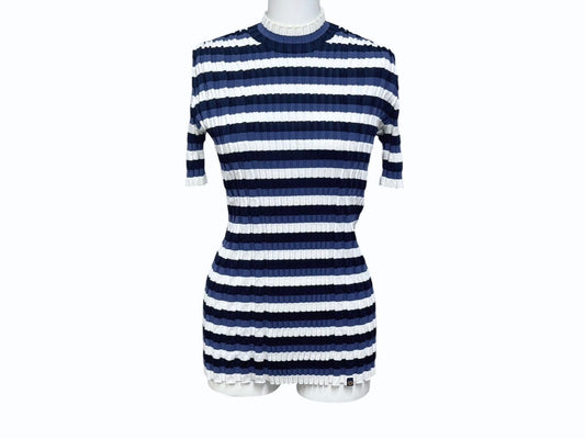 Louis Vuitton Border Rib Knit Short Sleeve Top Blue White Sweater