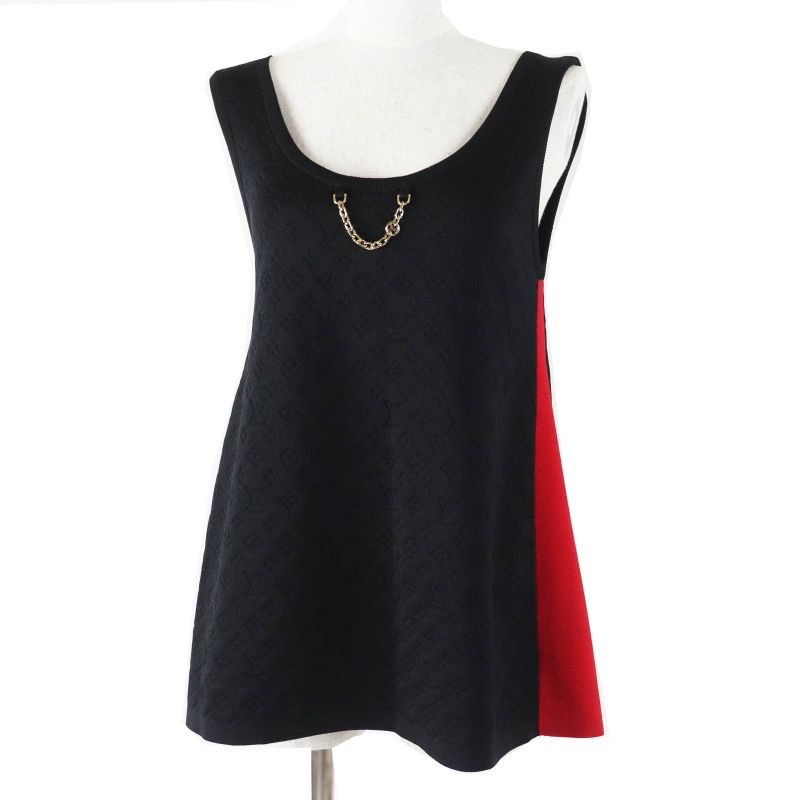 Louis Vuitton Silk Embossed Monogram Sporty Tank Top Black Red Gold Hardware S