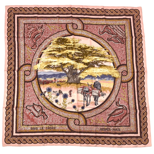 Hermes Carre 90 SOUS LE Cedre Silk Scarf Pink Under Himalayan Cedars