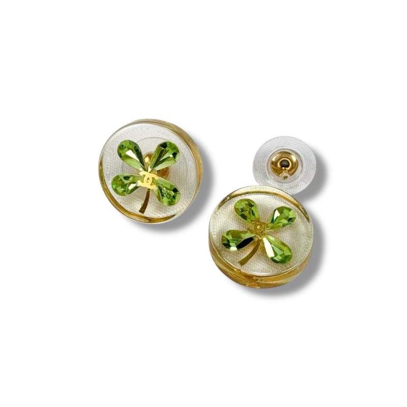 Chanel Clover Motif Earrings Circle Round Clear Green Mini Earrings Binaural