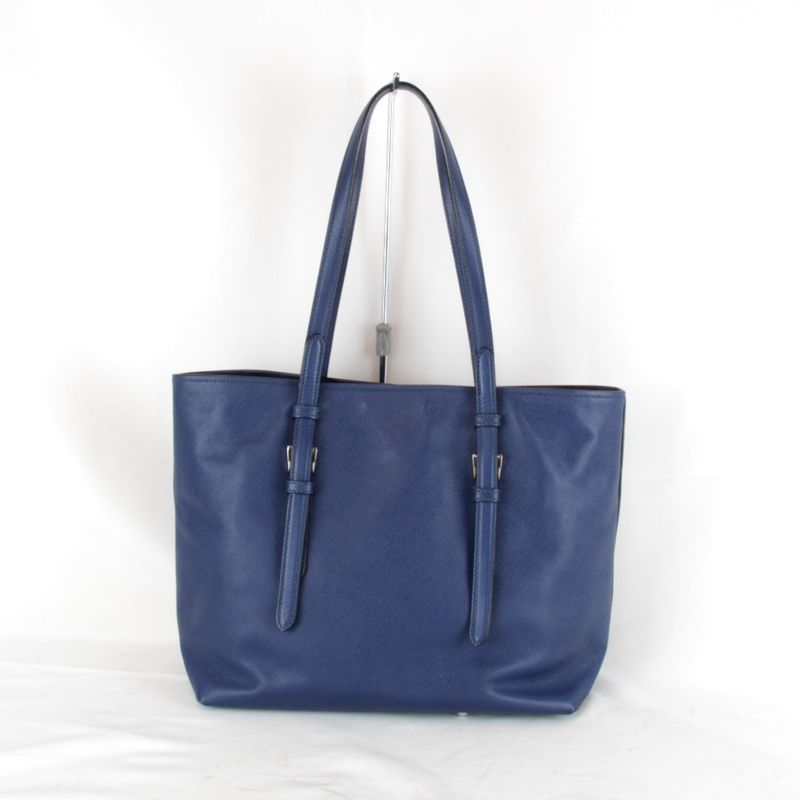 Prada Saffiano Triangle Logo Shoulder High Brand Tote Bag Leather Navy