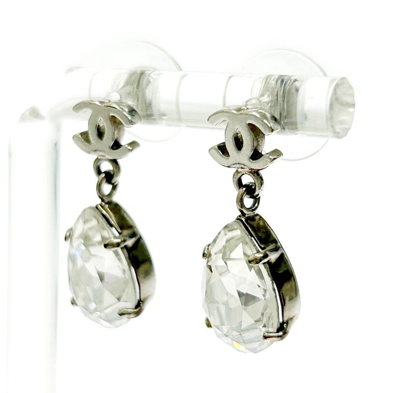 Chanel Metal Rhinestone A12v Coco Mark Swing Earrings Silver 351238 Earrings