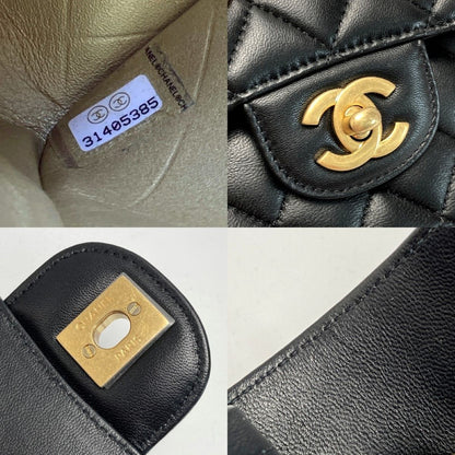 Chanel Matelasse W Flap Icon Charm Chain Shoulder Bag A01112 Black Lambskin