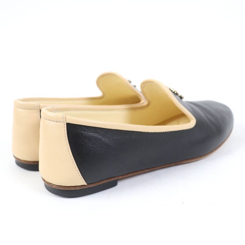 CHANEL 17G G31630 Flat Leather Shoes With Coco Mark Black Beige 34.5 With Box