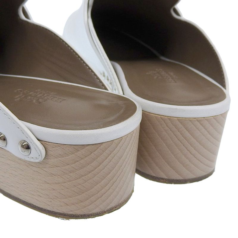 Hermes Karya Leather Sabo Sandals Mules 36 Approx 23cm (9.06in) White Women's