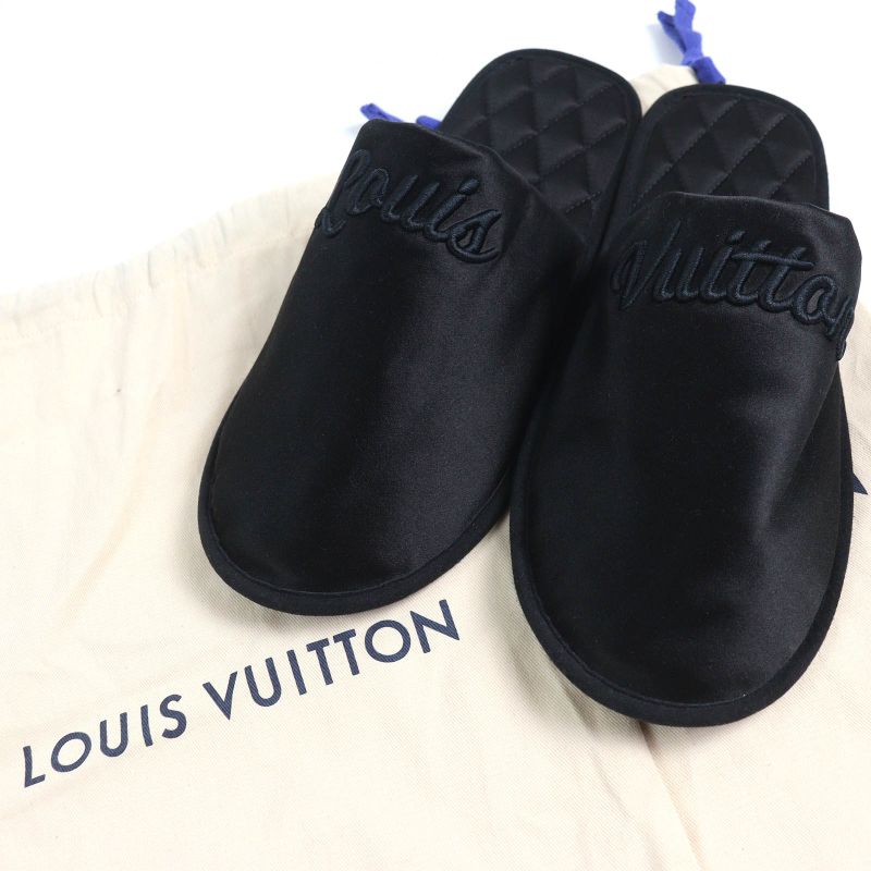 Louis Vuitton LV Sweet Line Logo Embroidery Satin Slippers Room Shoes Black