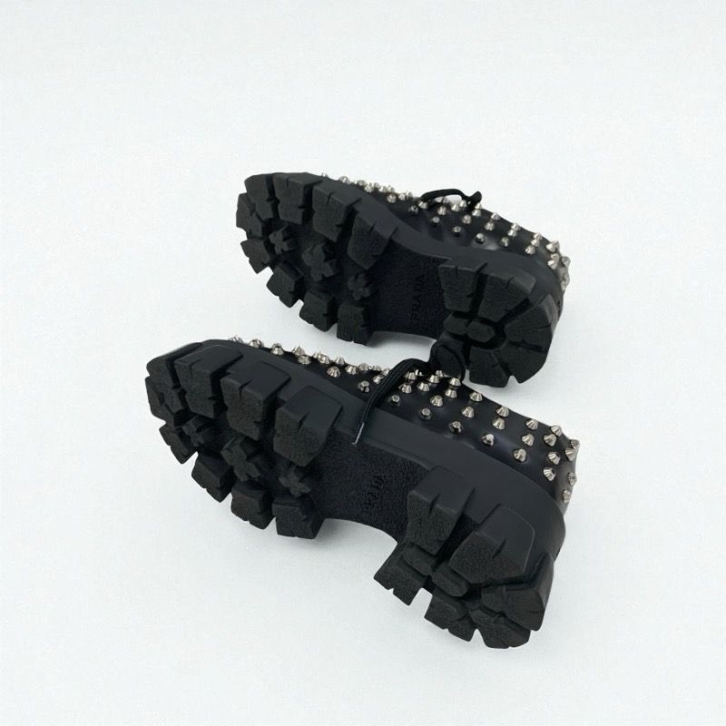 Prada Monolith Loafers Leather Shoes Leather Black Silver Studded Lace Up Shoes