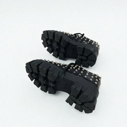 Prada Monolith Loafers Leather Shoes Leather Black Silver Studded Lace Up Shoes