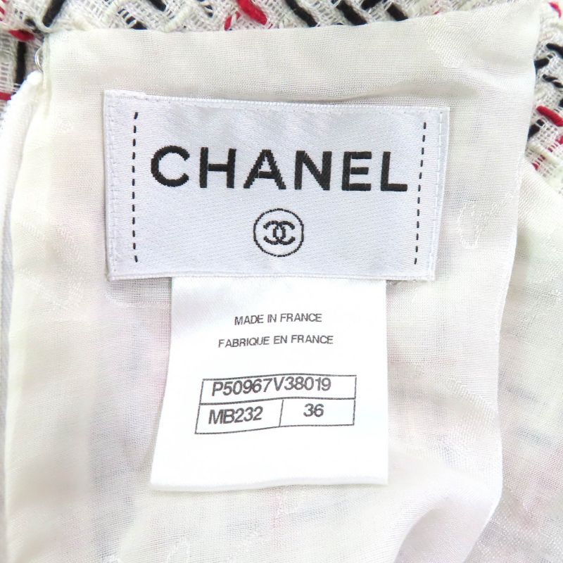 CHANEL P50967 Cotton Coco Mark Button French Sleeve Tweed Dress Ivory Black Red