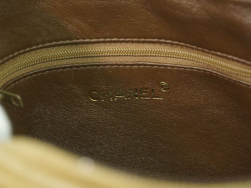 Authentic Chanel Coco Mark Tassel Shoulder Bag Pochette Lambskin Leather Beige